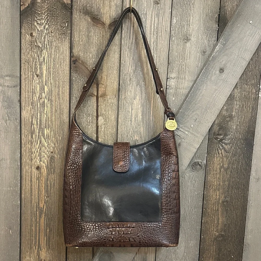 Brahmin Kendall Vintage Brown Black Alligator Black Leather Shoulder Bag Purse